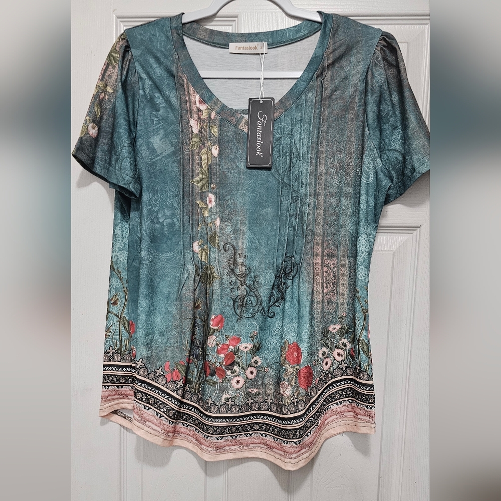 Floral Print Teal Top by Fantaslook NWT - M